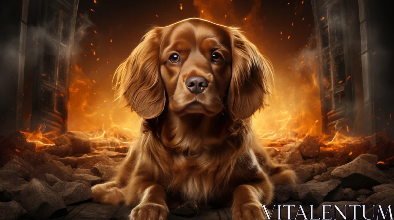Photorealistic Fantasy: Brown Dog Amidst Fiery Chaos AI Image