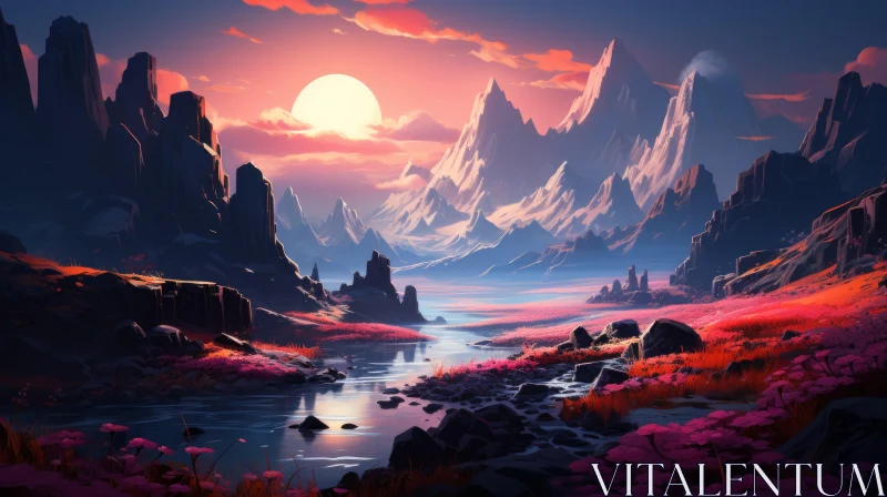 Sunset Over Mountainous Landscape - Concept Art Style AI Image