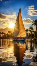 Tranquil Sailboat near Palm Trees at Sunset - Ancient Egypt Inspired
