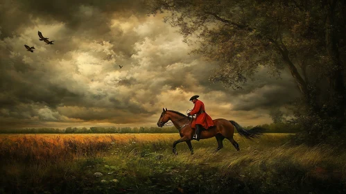 Horseman in Red Under Stormy Sky