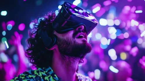 Man in VR Headset with Neon Background