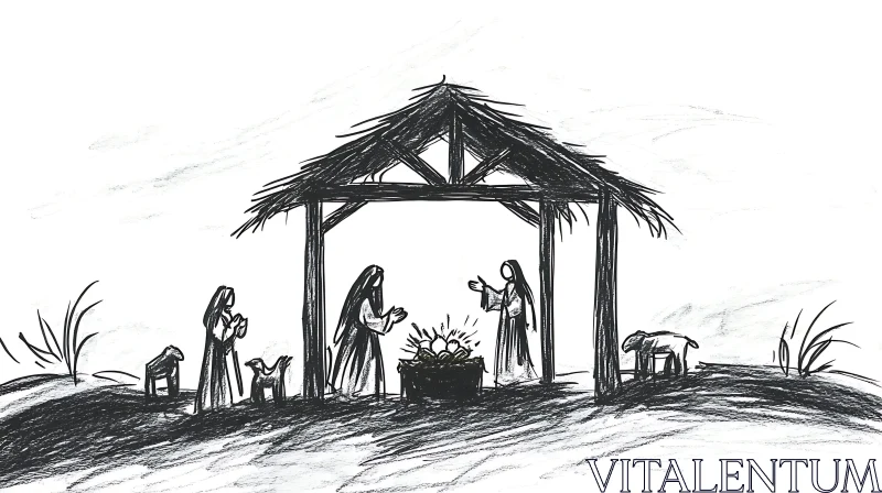 Simple Nativity Scene Drawing AI Image