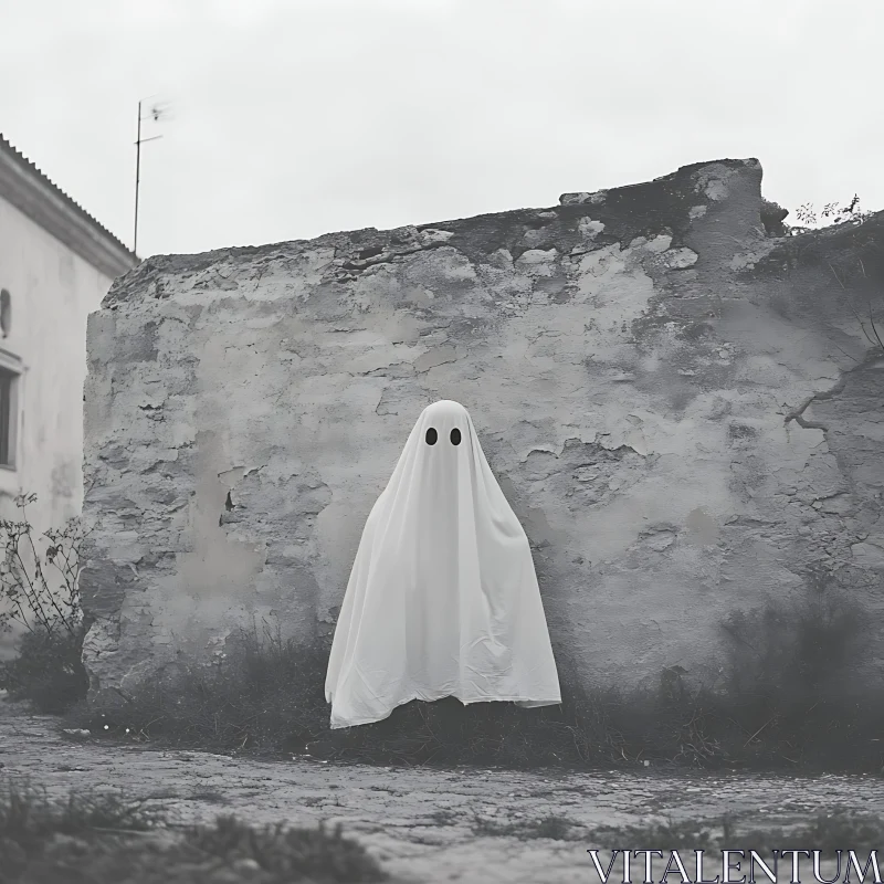 Monochrome Ghost Before Ancient Wall AI Image