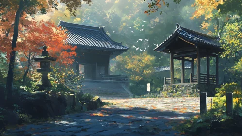 Autumnal Japanese Garden with Traditional Architecture