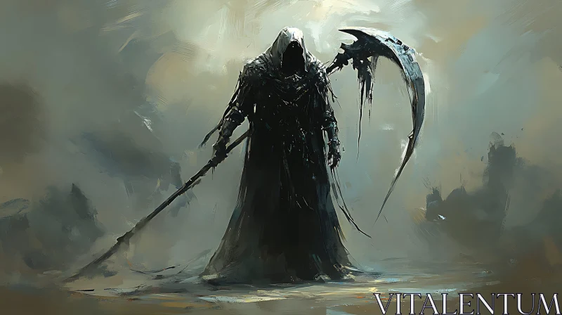 Cloaked Figure with Scythe in Somber Setting AI Image