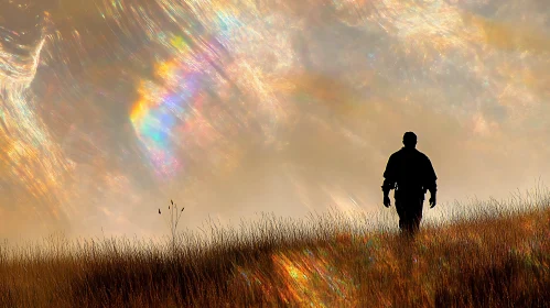 Man Silhouette in Field at Sunset