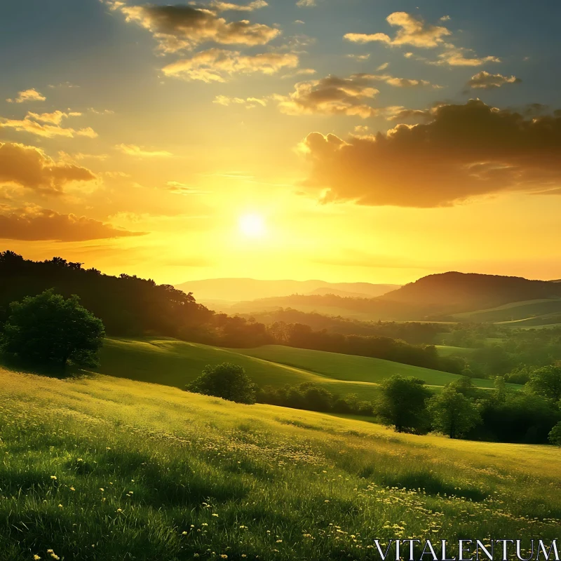 Peaceful Sunset Landscape with Green Hills AI Image