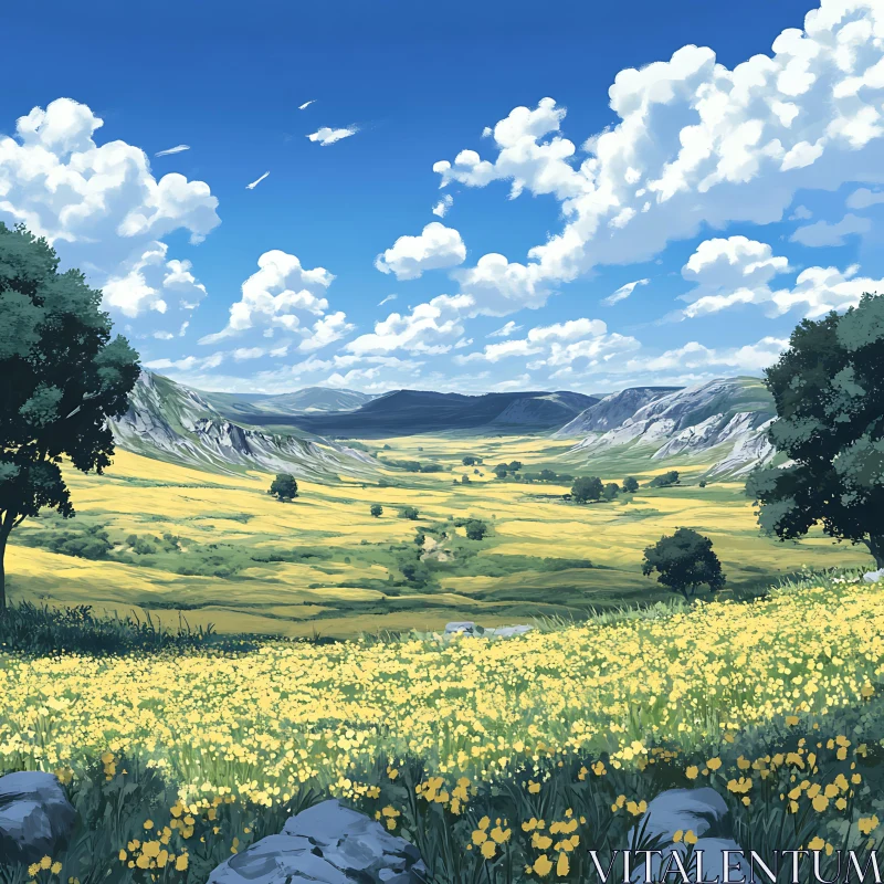 AI ART Yellow Flower Field with Mountain Backdrop