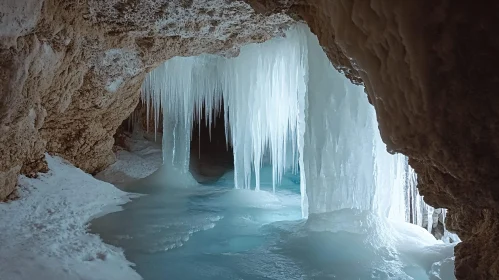 Beautiful Ice Cave with Hanging Icicles