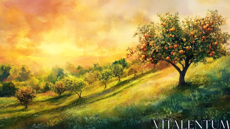 Fruit Trees in a Golden Landscape AI Image