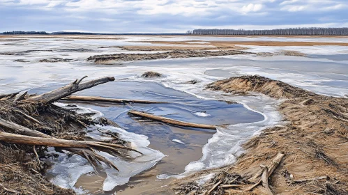 Winter Tranquility: Frozen Lake and Driftwood