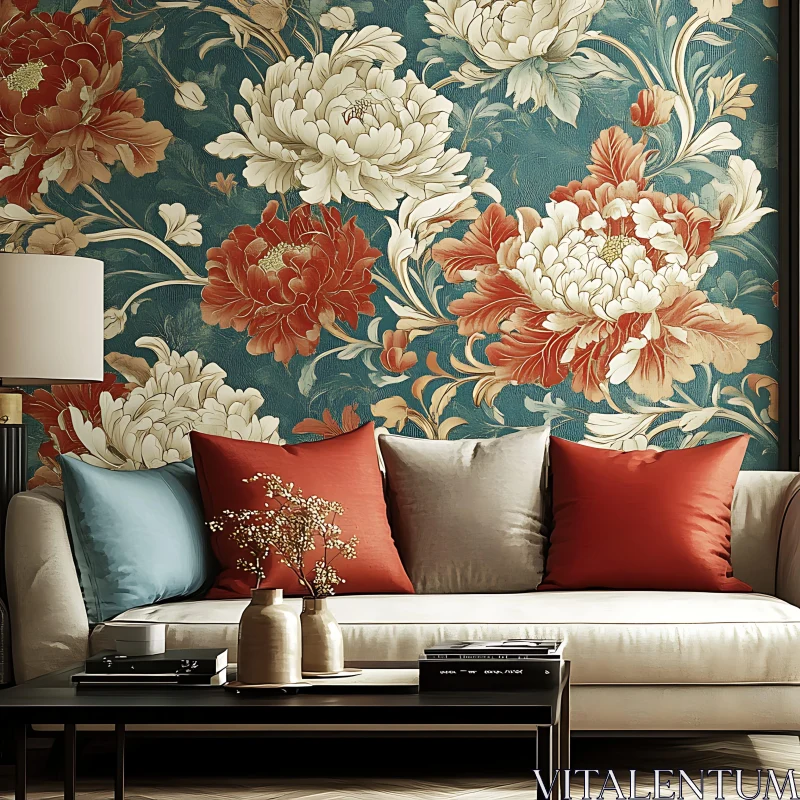 AI ART Elegant Interior with Floral Wallpaper and Sofa