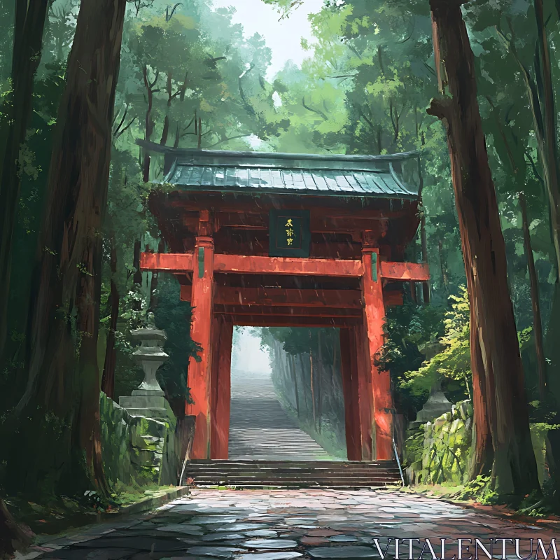 Red Gate in the Forest AI Image