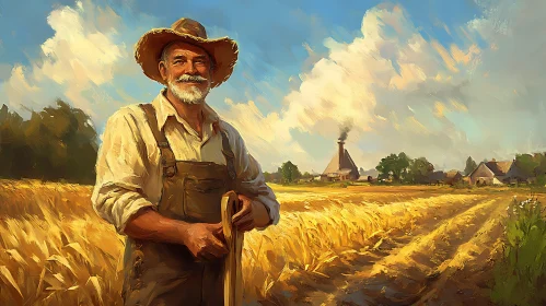 Rural Farmer in Wheat Field Painting