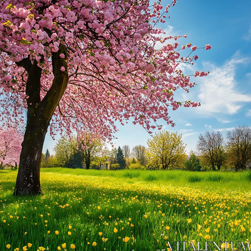 Spring Meadow with Cherry Blossom Tree AI Image