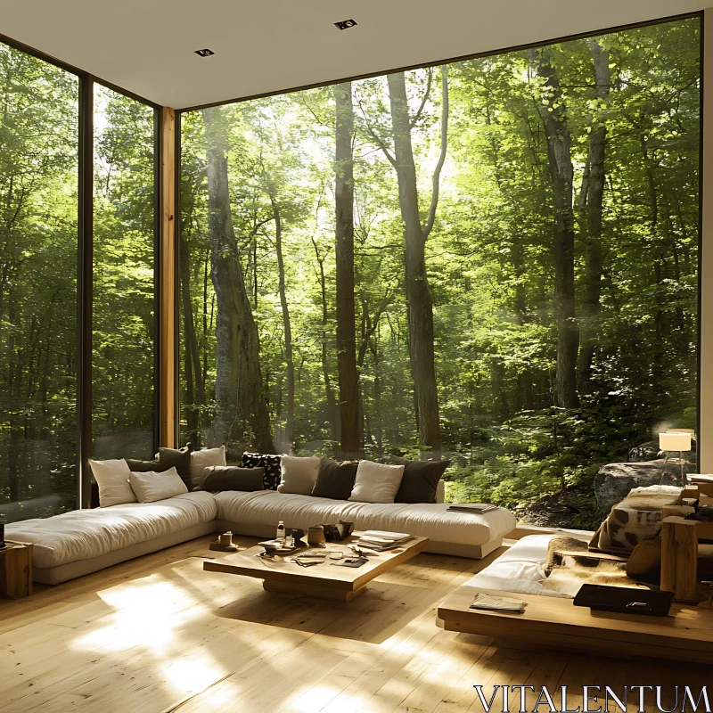 Modern Living Room with Forest Scenery AI Image