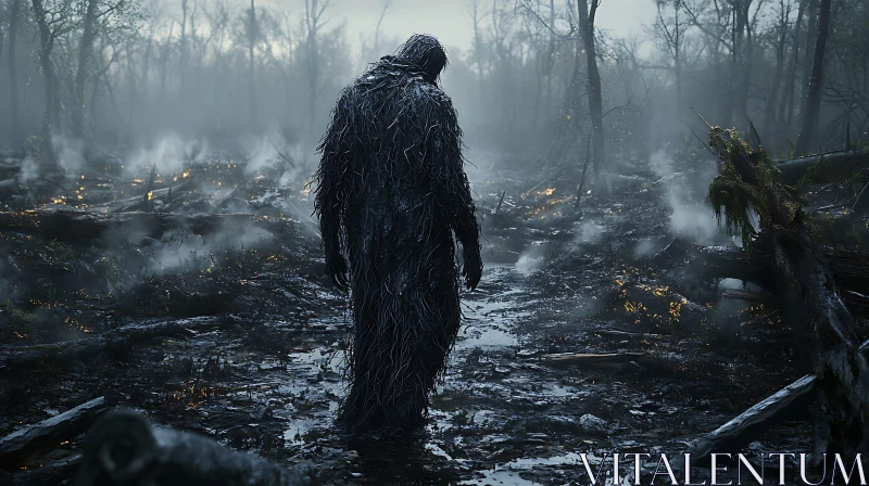 Figure in a Charred Forest Landscape AI Image