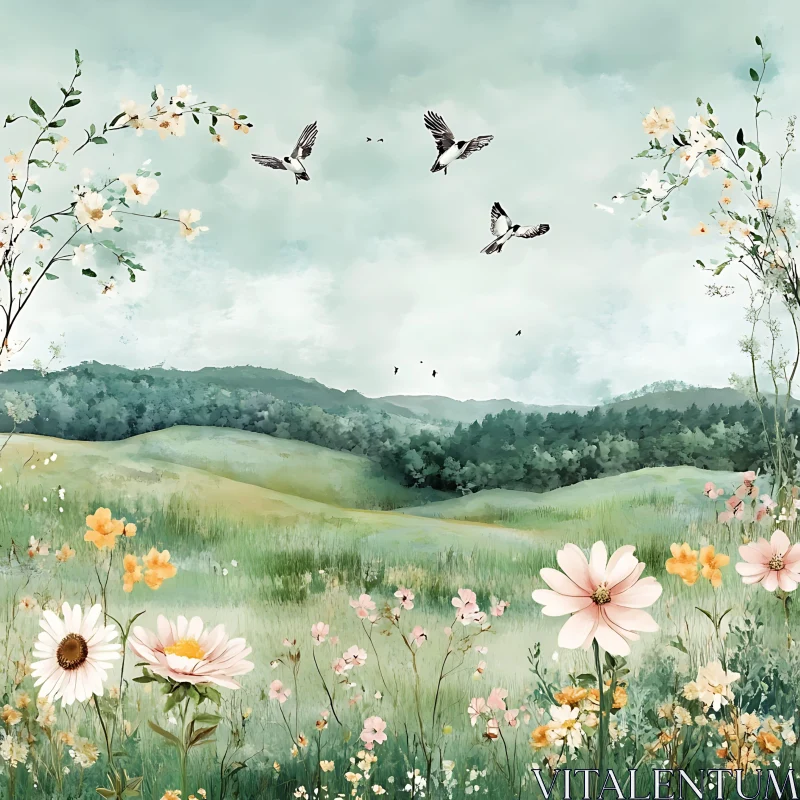 AI ART Floral Landscape with Birds in Flight