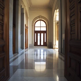 Symmetrical Hallway with Reflective Marble Floor