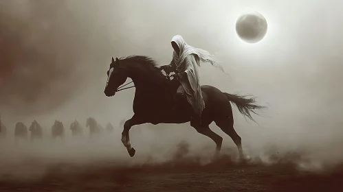 Mystic Horse Rider in Misty Landscape