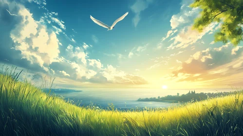 Tranquil Landscape with Bird Soaring Above