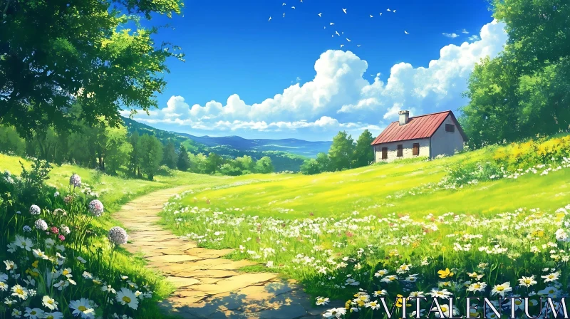 Sunlit Meadow and Country House AI Image