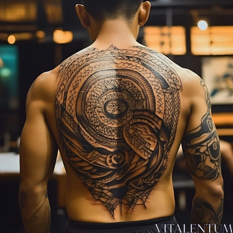 Intricate Back Tattoo with Circular Motifs AI Image