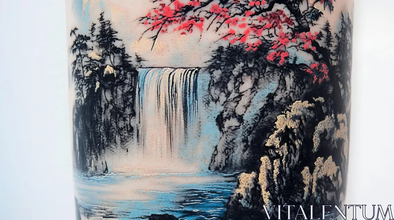 Tranquil Landscape Art with Flowing Waterfall AI Image