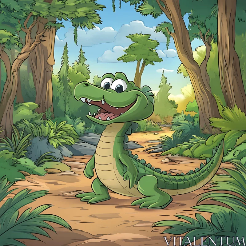 AI ART Cartoon Alligator in Woodland Scene