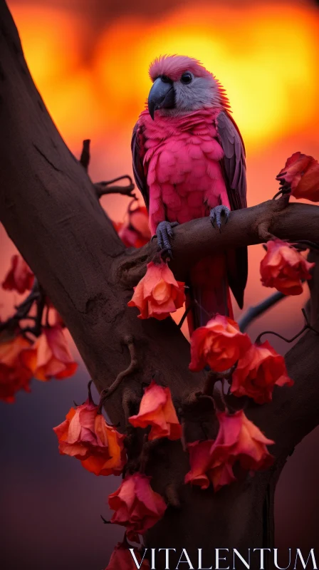 Captivating Pink Parrot on Tree Branch with Vibrant Flowers AI Image