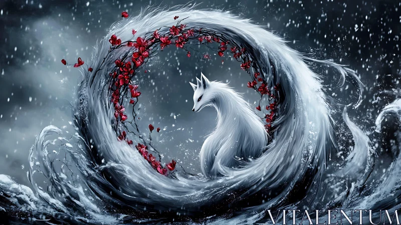 AI ART Winter Fox with Red Blossom