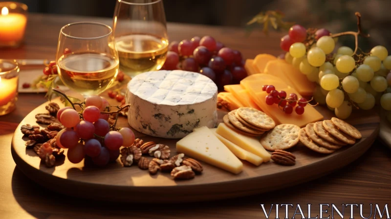 Cheese Board with Wine, Fruit, and Nuts - A Captivating Composition AI Image