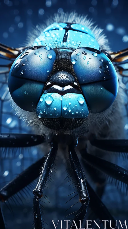 AI ART Close-up View of Blue Dragonfly with Droplets