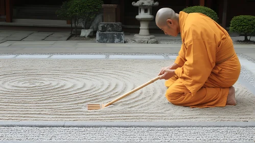 Zen Garden Meditation by a Monk