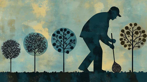Silhouette of a Gardener with Trees