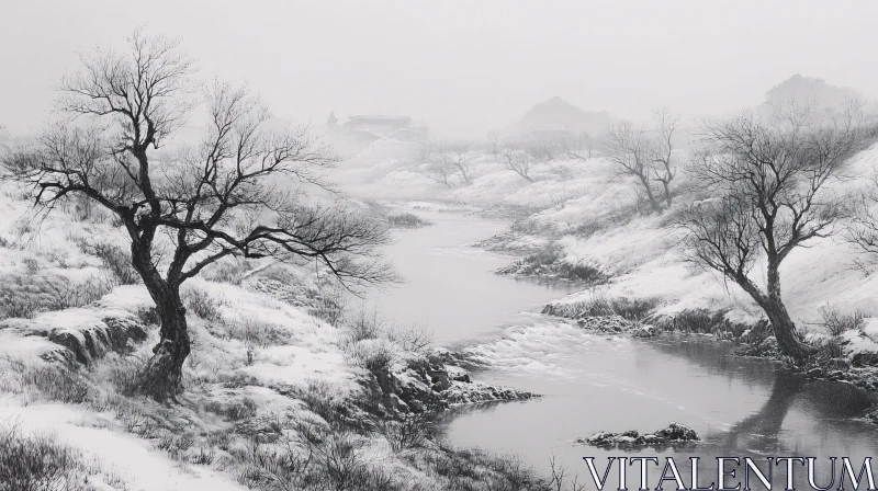 AI ART Tranquil Snowy River Scene with Bare Trees