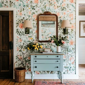 Floral Wallpaper and Blue Dresser