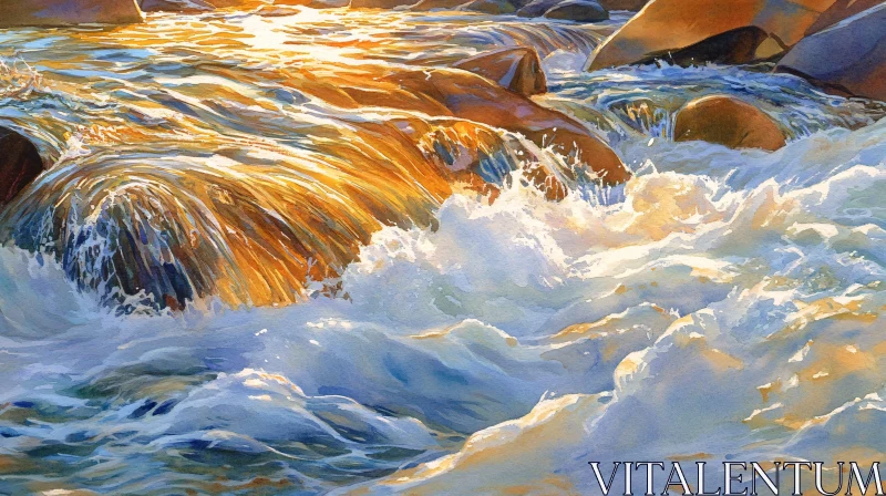 AI ART Golden-Hued Waterfall Over Rocks