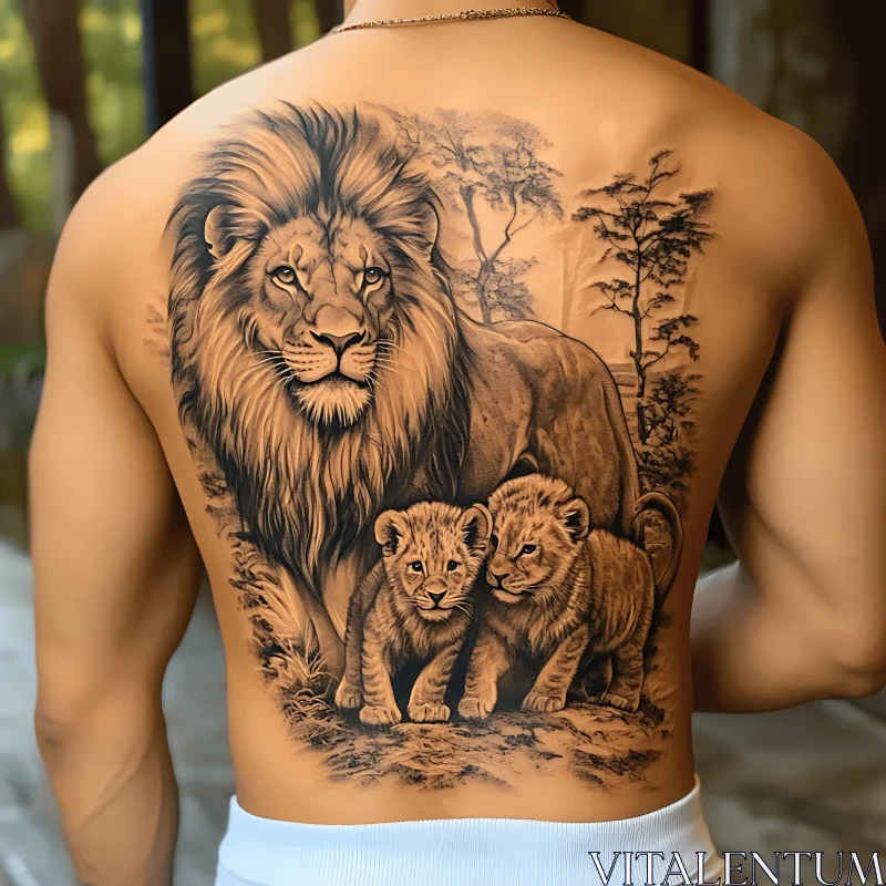 Detailed Lion Family Back Tattoo AI Image