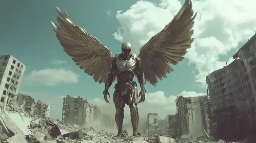 Winged Cyborg in Destroyed Cityscape