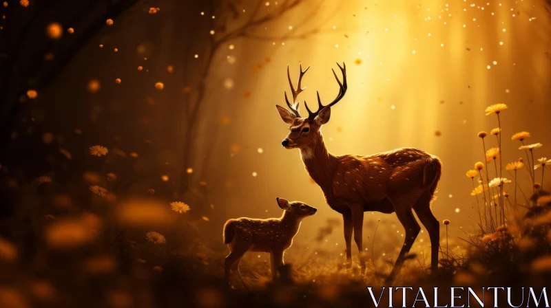 Serene Image of Deer and Foal in Golden-Hued Forest AI Image