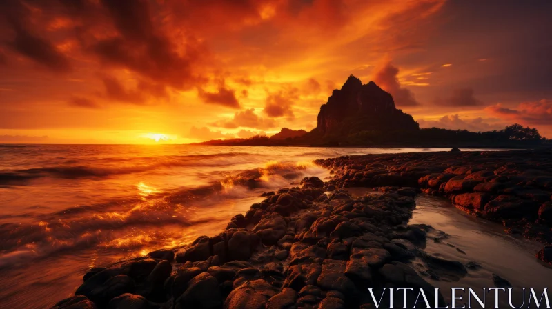 Sunset Over Ocean and Rocks in Fantasy Landscape Style AI Image
