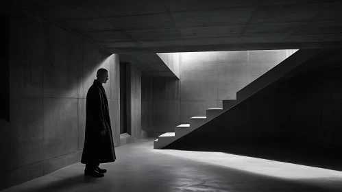 Monochrome Interior with Person and Stairs