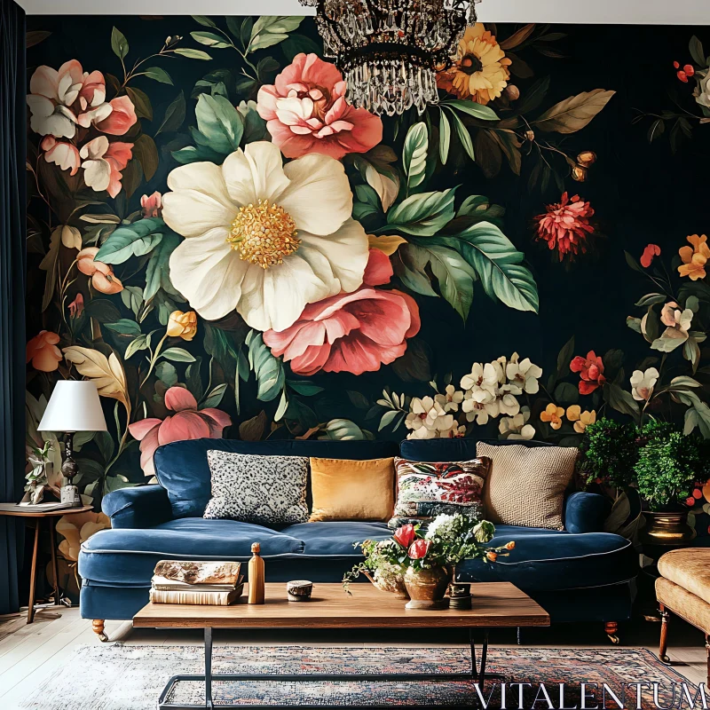 AI ART Living Room with Floral Wallpaper