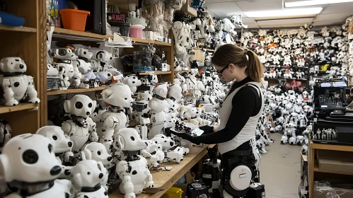 Woman Inspects Robot Toys in Workshop