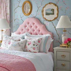 Floral Bedroom Design with Tufted Headboard