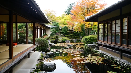 Autumn Reflections in a Japanese Garden Pond