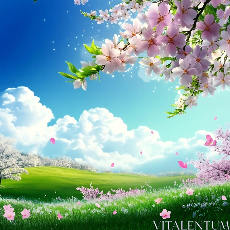 Cherry Blossoms and Green Meadow AI Image