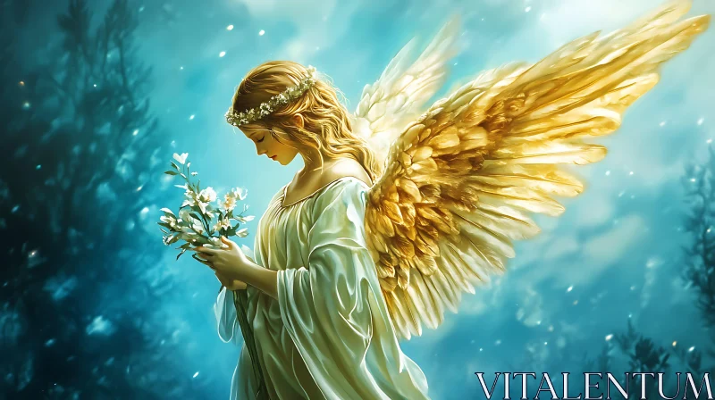 AI ART Golden Winged Angel with White Flowers