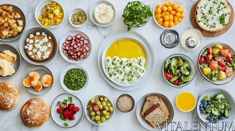 Diverse Brunch Spread with Salads, Fruits, and Bread AI Image